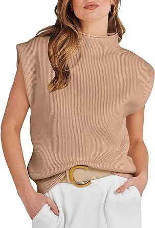 ANRABESS Women's Mock Neck Sleeveless Sweater Vest Casual Solid Cap Sleeve Knit Pullover Tank Tops 2024 Spring Clothes
